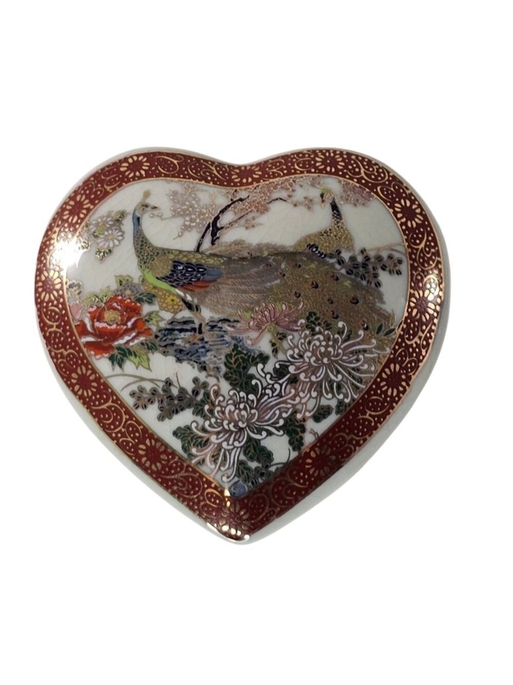 Vintage Miyako Handpainted Heart Porcelain Peacock Floral Trinket Box Japan